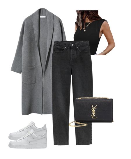 Casual date night mango coatigan sneakers and jeans bodysuit outfit 