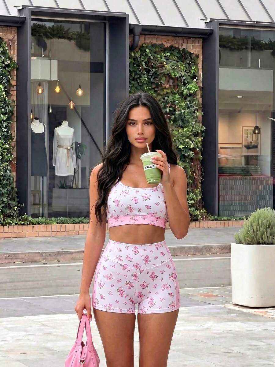 WanderVale 2pcs/Set Women's Deep U-Neck Racerback Sports Bra And Ditsy Floral Shorts For Outdoor ... | SHEIN