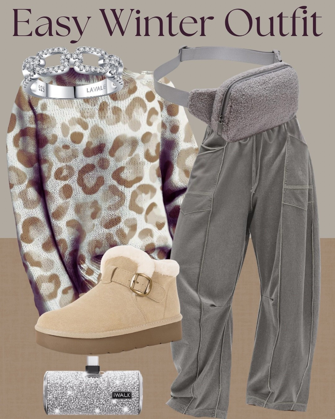 Easy winter outfit with cozy leopard sweater and relaxed jogger pants. Soft knit animal print sweater paired with casual jogger pants, warm shearling ankle boots, a fleece belt bag, and simple silver jewelry for a comfortable everyday winter look that still feels pulled together.

#LTKStyle #LTKOutfit #LTKWinterStyle #LTKCasual #LTKCozy #LTKFinds #LTKNeutralStyle

#LTKootd