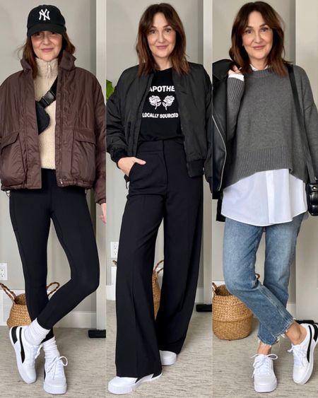 Outfit ideas for my black and white sneakers! Fit tts (go up if between) and so comfy!
For reference I’m 5’ 7” tall and usually a size S or 4 but I often size up in tops and jackets cause I have long arms
Left outfit: Old Navy men’s fleece zip up (S) and packable quilted jacket (M), Amazon leggings (S), belt bag and cap
Middle outfit: old Navy bomber jacket (S), Amazon graphic tee (M) and Dynamite Yasmin trousers (4)
Right outfit: Amazon crew neck sweater (S), bag and wrinkle resistant white dress shirt (men’s size 16” neck 32-33” sleeves), Plenty moto jacket (can’t link but found similar), Agolde jeans (size down one)


#LTKstyletip #LTKSeasonal #LTKshoecrush