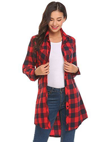 HOTOUCH Women Casual Irregular Hem Turn Down Collar Check Shirt Long with Belt, Red Navy Blue, Small | Amazon (US)