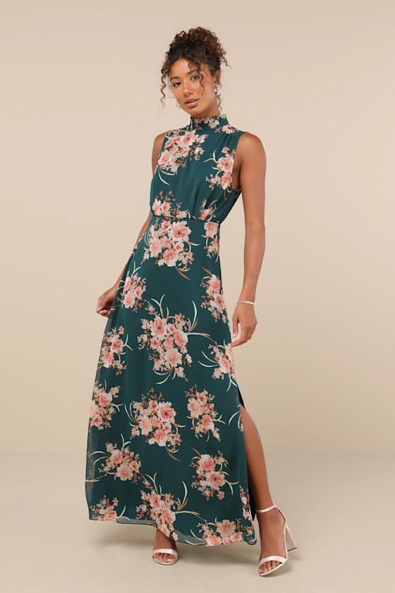 Classic Elegance Emerald Floral Mock Neck Maxi Dress | Lulus