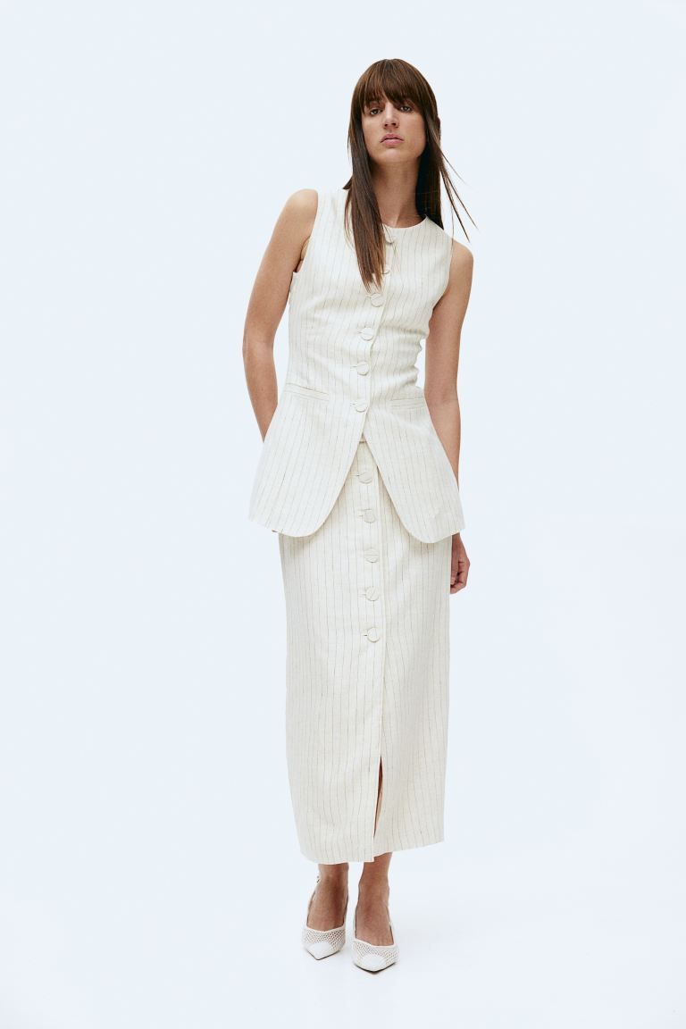 Button-front linen skirt - Light beige/Pinstriped - Ladies | H&M GB | H&M (UK, MY, IN, SG, PH, TW, HK)