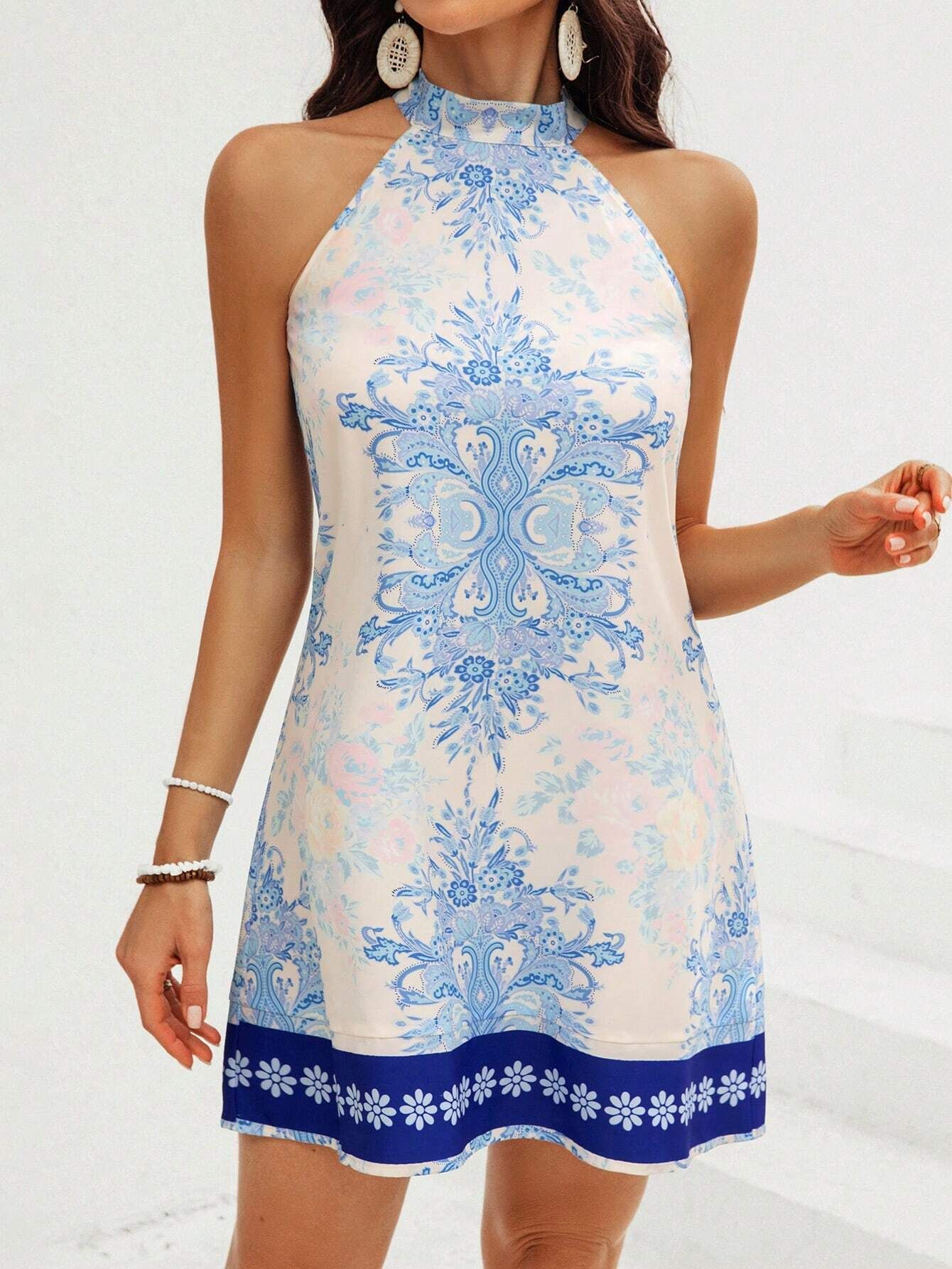 SHEIN VCAY Women's Floral Print Halter Neck Summer Boho Dress | SHEIN