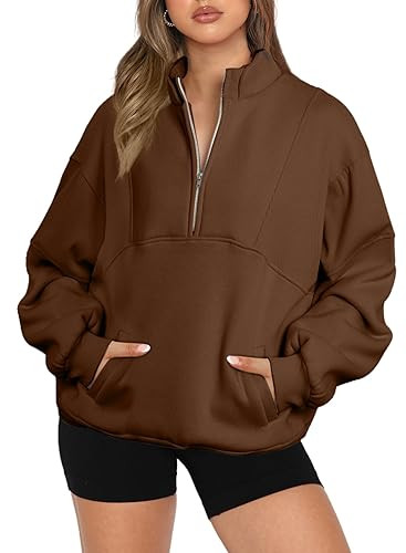 BLENCOT Half Zip Oversized Sweatshirts For Women Long Sleeve Fleece Trendy Cropped Pullover Workout Warm Tops With Pockets 2XL Brown | Amazon (US)