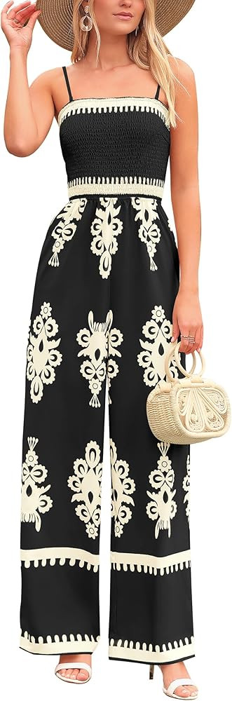 PRETTYGARDEN Womens Summer Boho Jumpsuits One Piece Outfits Spaghetti Strap Wide Leg Pants Romper... | Amazon (US)