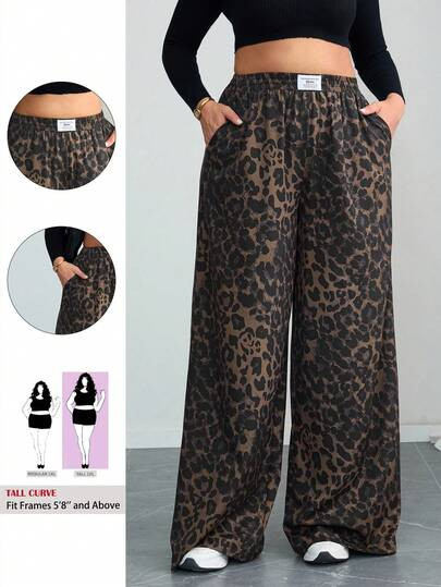SHEIN Tall CURVE Plus Size Women Leopard Print Letter Applique Pocket Wide Leg Casual Pants Leopa... | SHEIN