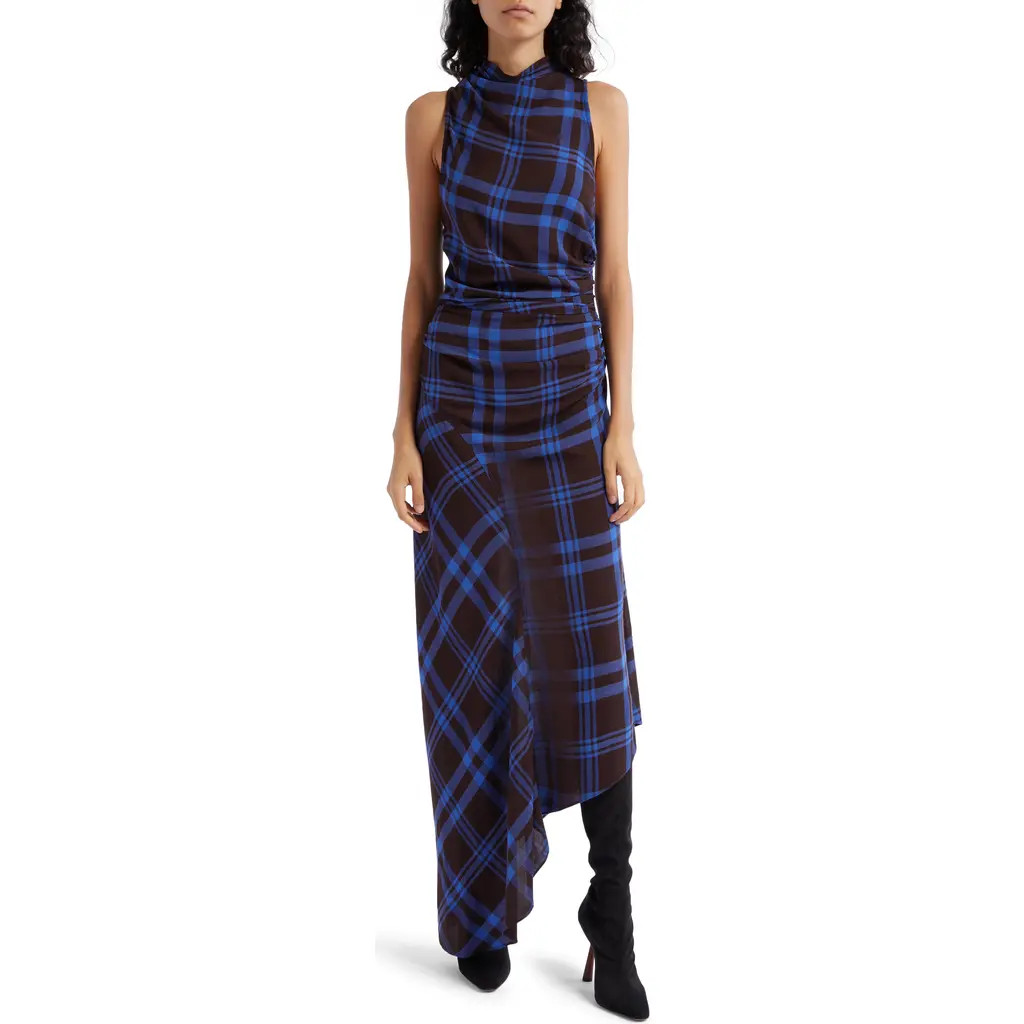 A.L.C. Iggy Plaid Ruched Asymmetric Hem Dress in Brown/Royal at Nordstrom Rack, Size 0 | Nordstrom Rack