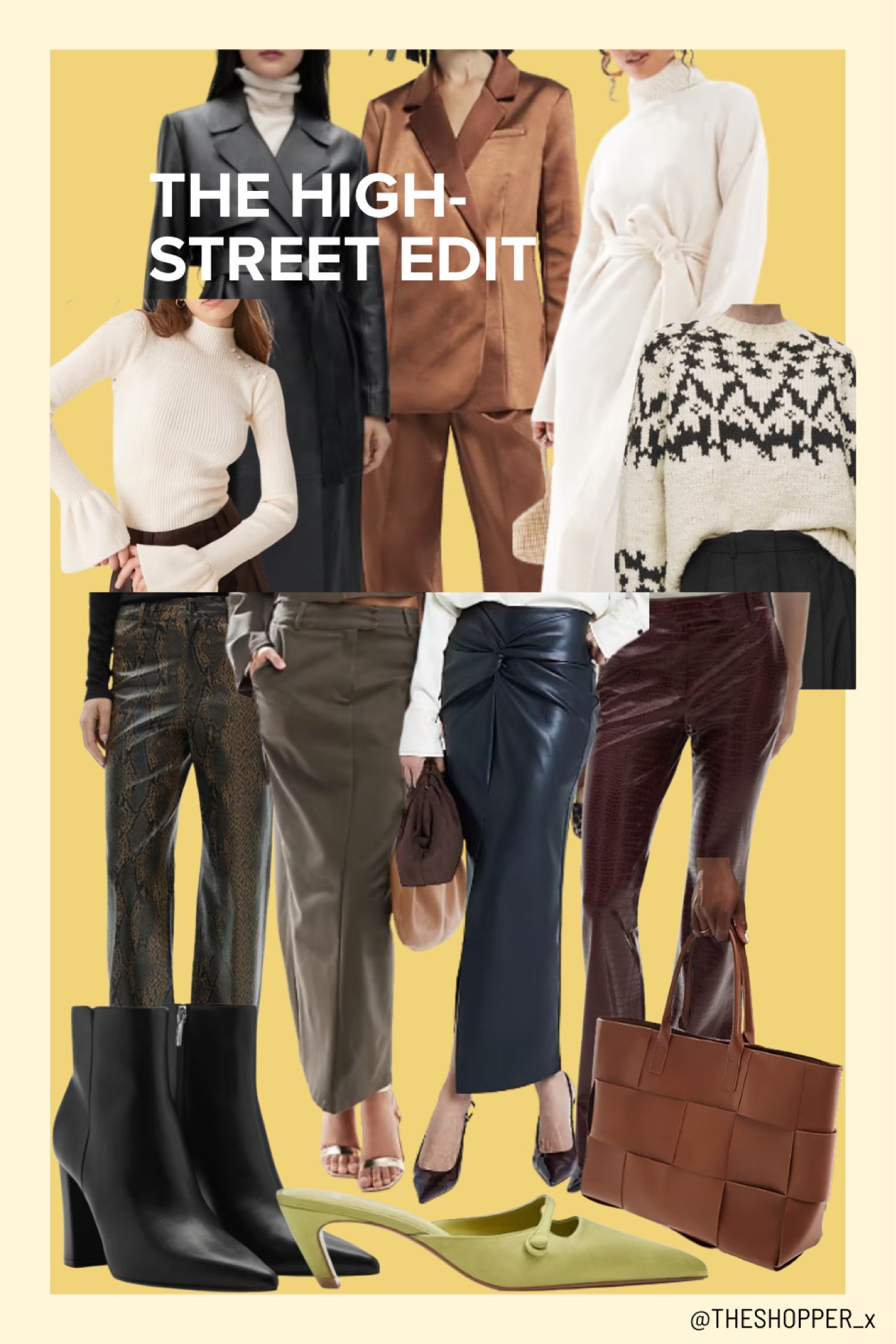 The High-Street Edit: 
Flare sleeve jumper, leather trench jacket coat, satin brown blazer with trousers wide leg, long sleeve maxi wool dress, Wool jumper patterned,  snake pattern animal print trousers, leather maxi skirt, maxi co-ord skirt, leather boots, tote bag, green kitten heels

#LTKuk #LTKeurope #LTKautumn