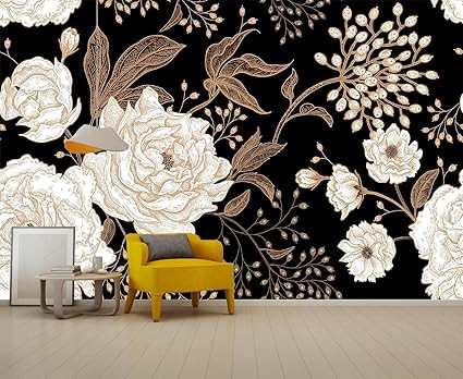 Wall Mural Peonies and Roses Floral Vintage Wallpaper Seamless Gold White Flowers Wall Coverings ... | Amazon (US)
