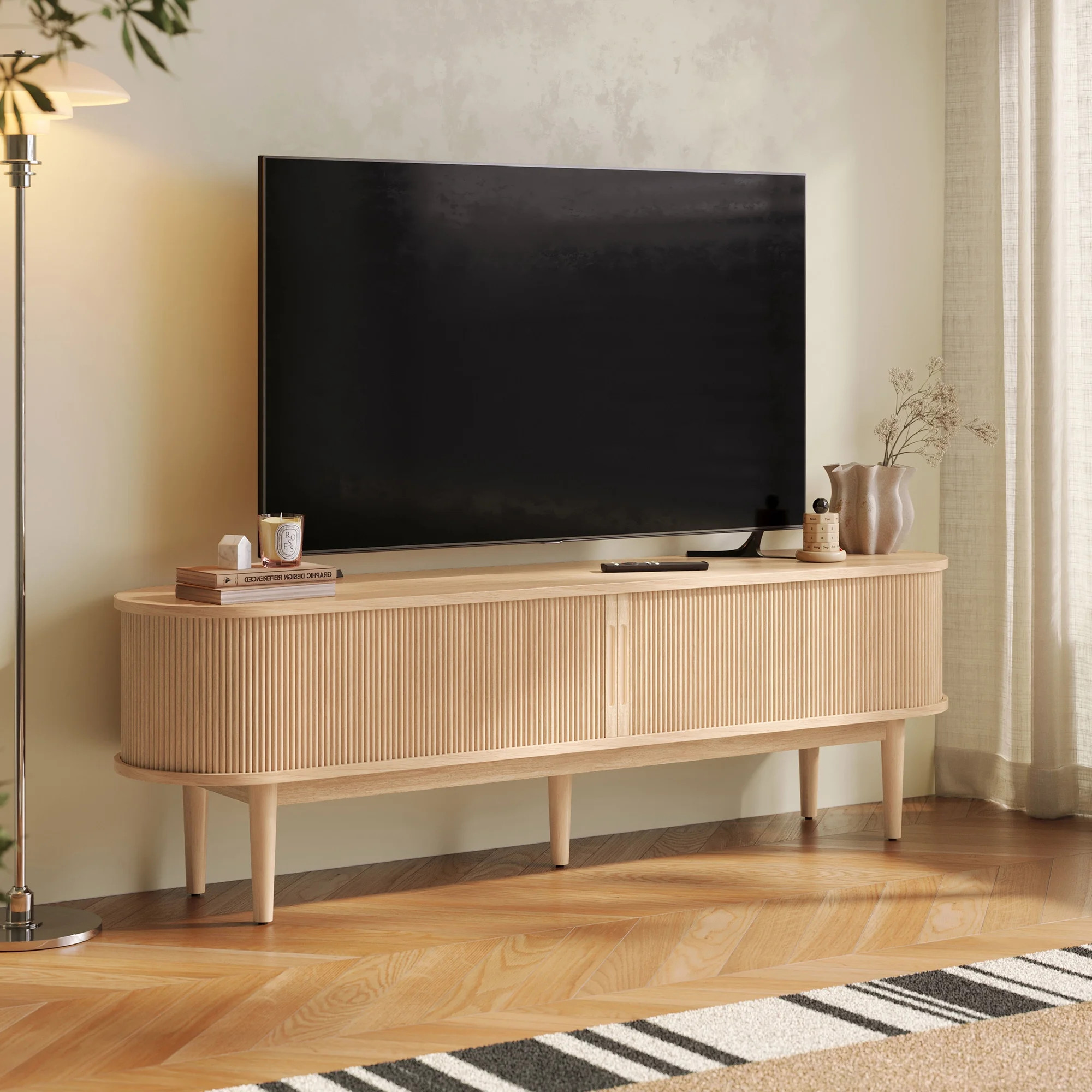 LINSY HOME Fluted TV Stand for TVs up to 75", Mid-Century Home Entertainment Center with Sliding ... | Walmart (US)