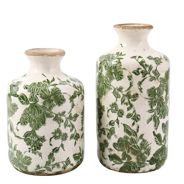 Vintage Vases for Flowers, Set of 2 Green Floral Chinoiserie Vases, Rustic Ceramic Vasess, Large ... | Walmart (US)