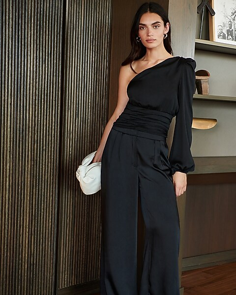 Satin One Shoulder Pleated Waist Top | Express