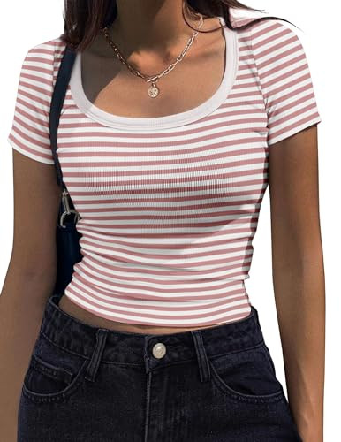 Zeagoo Women's Short Sleeve T Shirts Casual Summer Basic Scoop Neck Slim Fit Rib Knit Business Work Tee Tops Pink,White | Amazon (US)