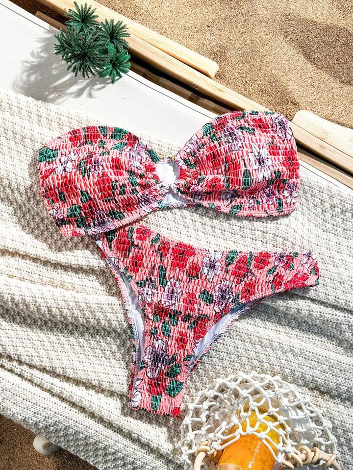 SHEIN Swim Random Floral Print Shirred Bikini Set Without Underwire,Summer Beach | SHEIN