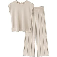 Ekouaer Lounge Sets for Women Two Piece Outfits Knit Cap Sleeve Tops Wide Leg Pleated Pants Casua... | Amazon (US)