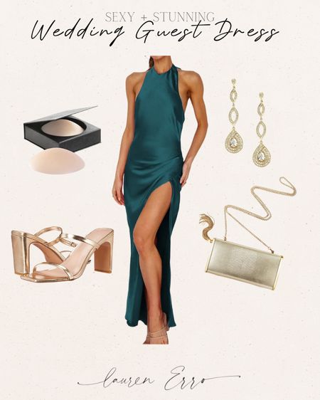 This Amazon wedding guest dress is so stunning! 
.
.
.
Amazon fashion, Amazon, dress, wedding, Guest, wedding, green dress, halter top, gown, gold clutch, mid size, size 10, gold earrings, sandals, summer style

#LTKunder100 #LTKcurves #LTKwedding