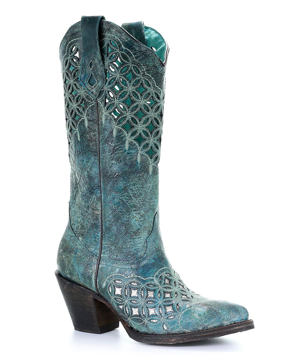 Corral Boots Women's Western Boots TURQUOISE - Turquoise & Silver Lattice-Cutout Leather Cowboy Boot | Zulily
