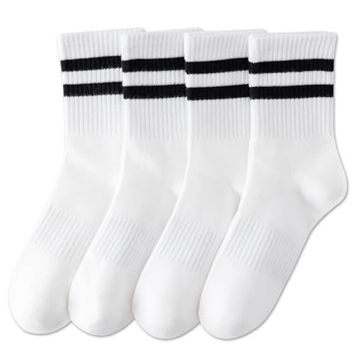 YUWELL Womens Striped Crew Socks, Cotton Cozy Casual Socks for Women 4 Pairs, Size 5-10, White with BlackStripe | Amazon (US)