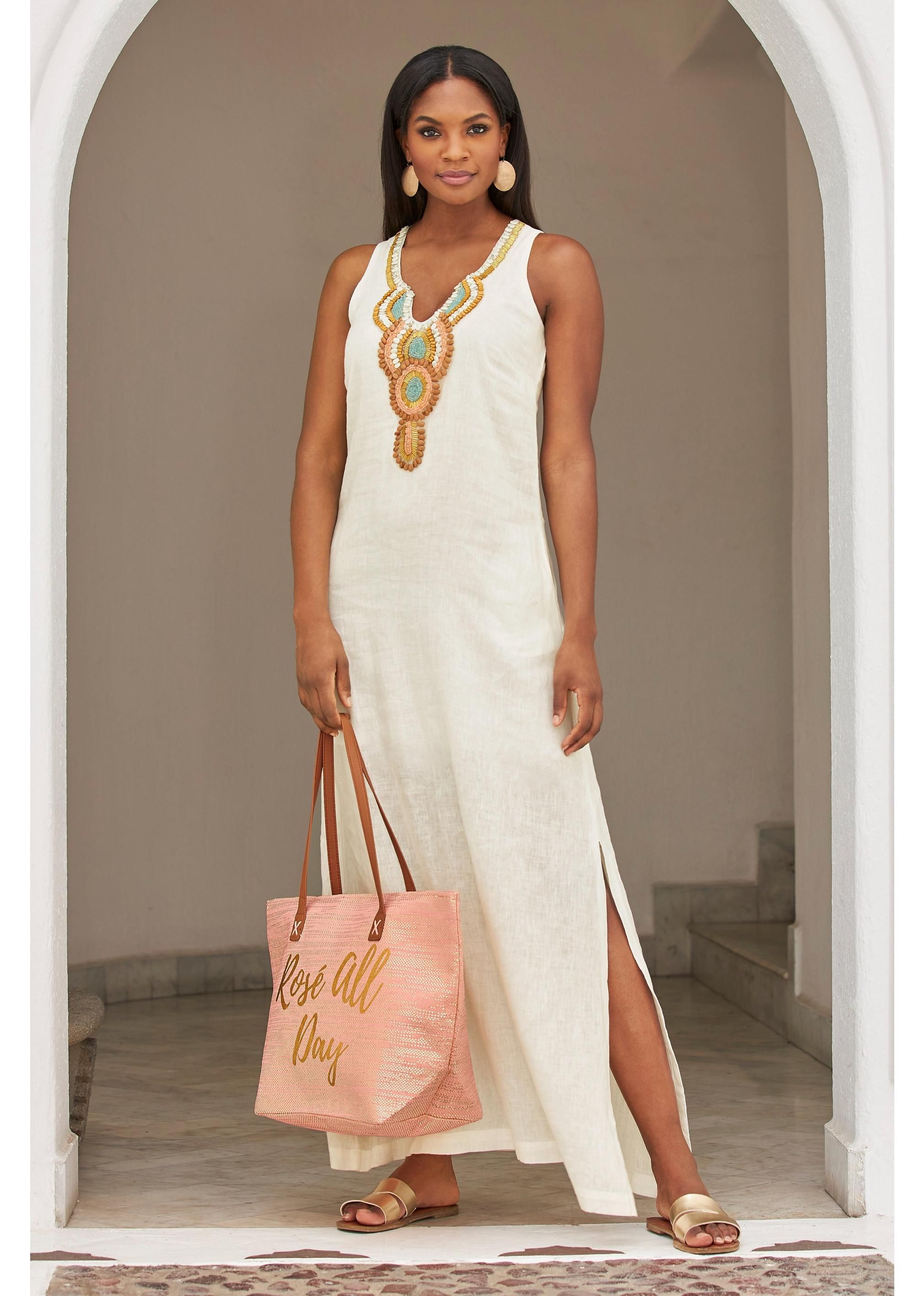 Linen Embellished Maxi Dress | Boston Proper