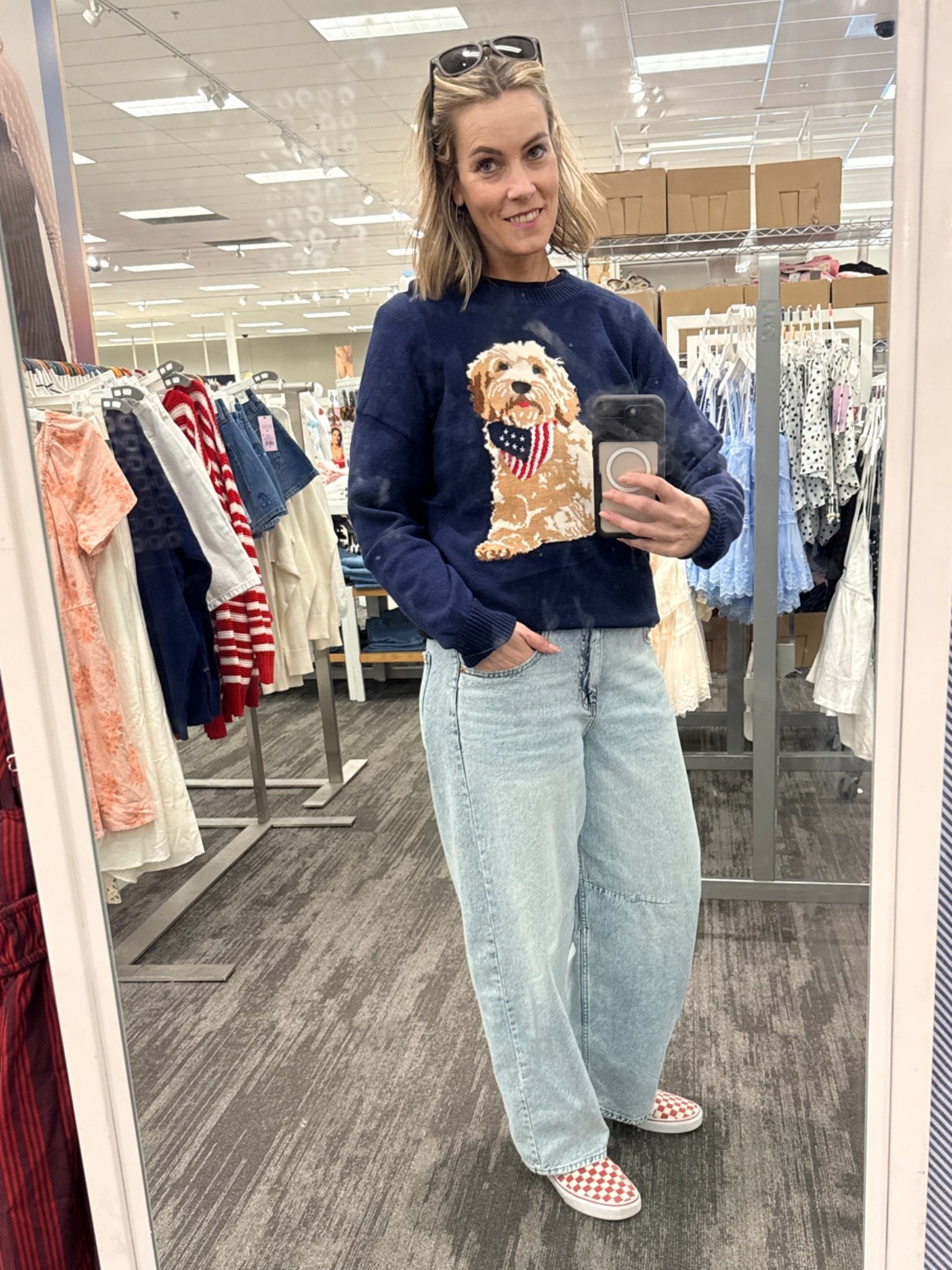 Current obsession: fun sweaters + light wash denim + checkered Vans 🇺🇸🐶✨

This felt casual, comfy, and still put together for a weekend try-on day. Linked similar pieces + my favorite relaxed jeans!

#LTKootd #LTKSeasonal #LTKOver40