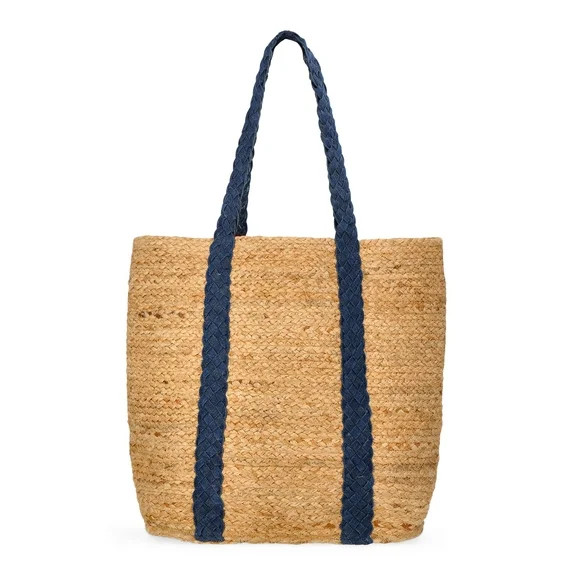 No Boundaries Women's Beach Icons Jute Tote Bag, Natural with Blue Denim | Walmart (US)