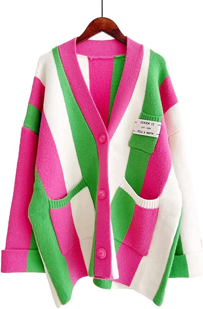 Xaspee Winter Long Sleeve Cable Knitted Color Block Boho Striped Sweater Cardigans Chunky Rainbow... | Amazon (US)