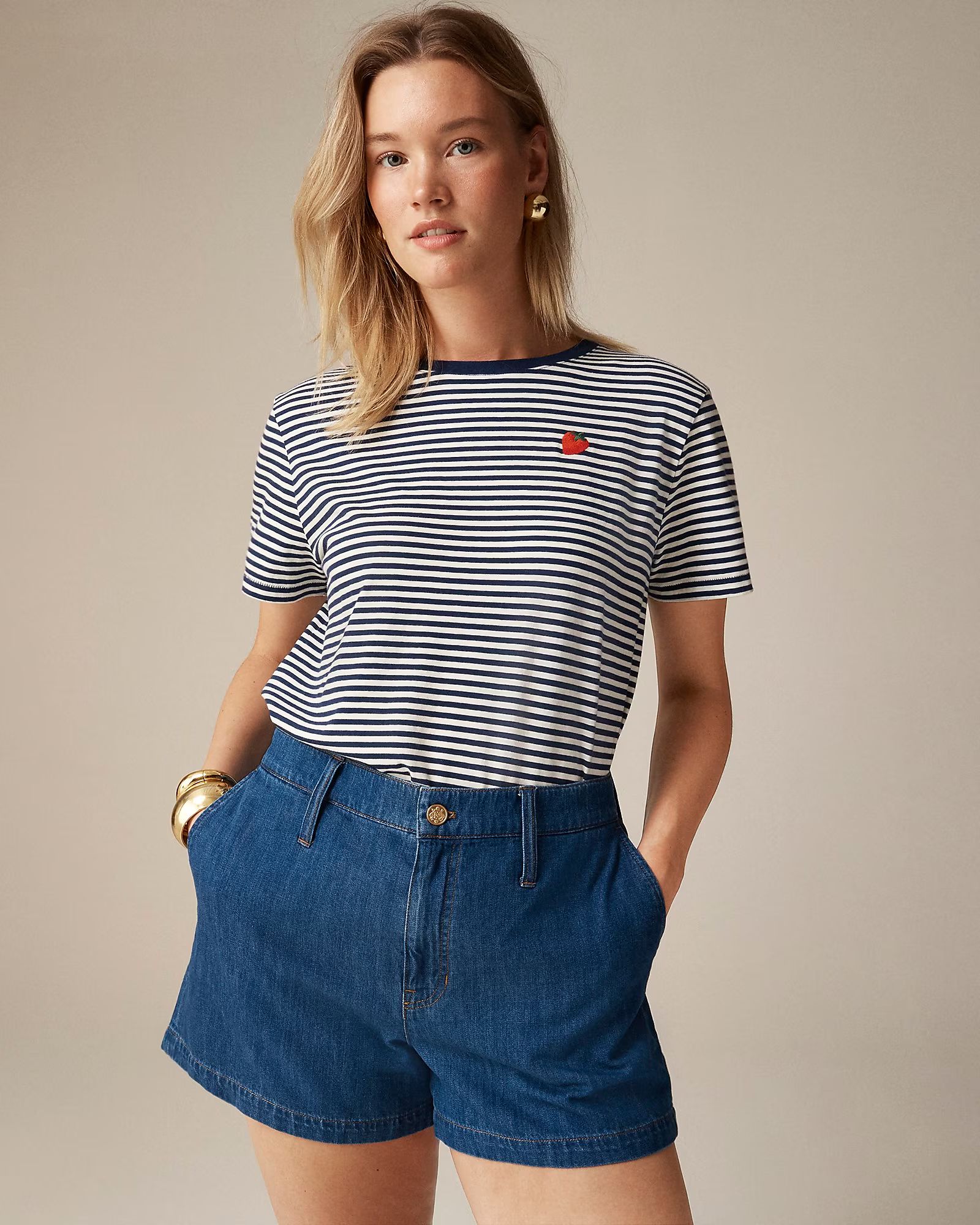 Classic-fit embroidered strawberry T-shirt in stripe | J.Crew US