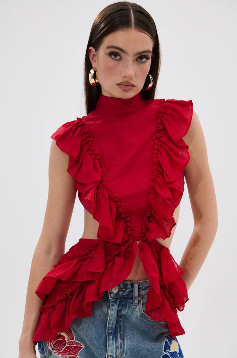 TIFFANY RUFFLE BLOUSE IN RED | AKIRA
