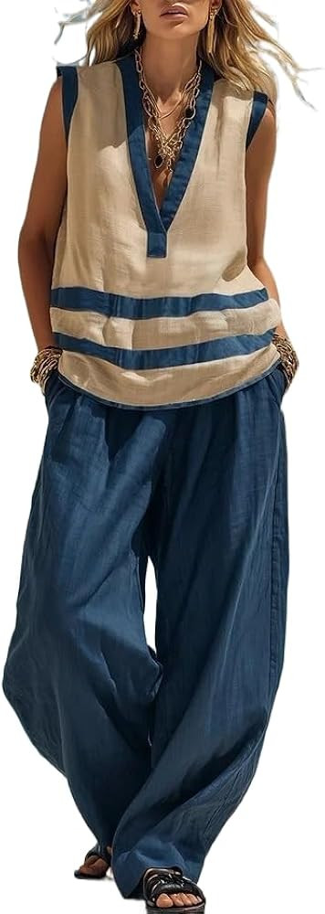 Women's 2 Piece Summer Outfit Sleeveless V Neck Color Block Tank Top & Wide Leg Pants Set, Loose ... | Amazon (US)