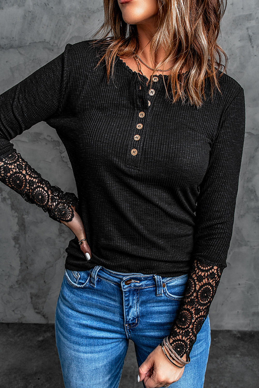 Crochet Lace Hem Sleeve Button Top | Evaless