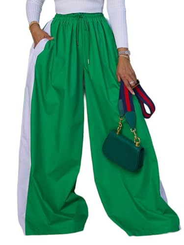 KANSOON Palazzo Pants for Women High Waist Single Stripe Wide Leg Pants Trendy Casual Baggy Trousers with Pockets Green M | Amazon (US)