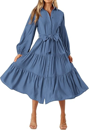 MASCOMODA Womens Dresses 2025 Fall Long Sleeve Midi Dress Casual V Neck Button Down Tiered Flowy ... | Amazon (US)
