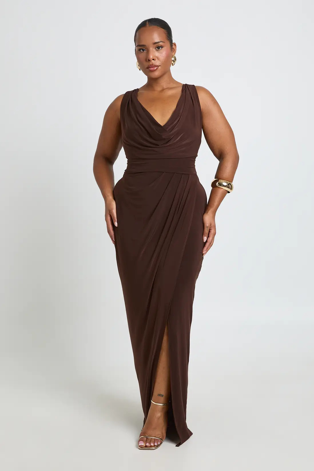 Chocolate boohoo Plus Slinky Ruched Wrap Maxi Dress | PrettyLittleThing USA | PrettyLittleThing US