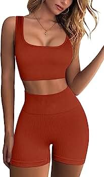 FAFOFA Workout Sets for Women 2 Piece Seamless Ribbed Crop Tank High Waist Shorts Yoga Outfits | Amazon (US)