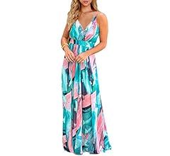 Womens Casual Deep V Neck Floral Bohemian Spaghetti Strap Beach Maxi Dress | Amazon (US)