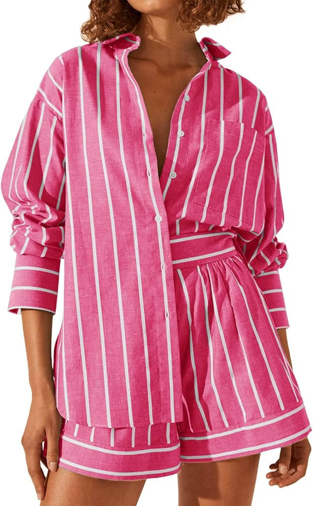 Tankaneo Womens 2 Piece Outfits Striped Long Sleeve Button Down Collared Shirt Matching Shorts Se... | Amazon (US)