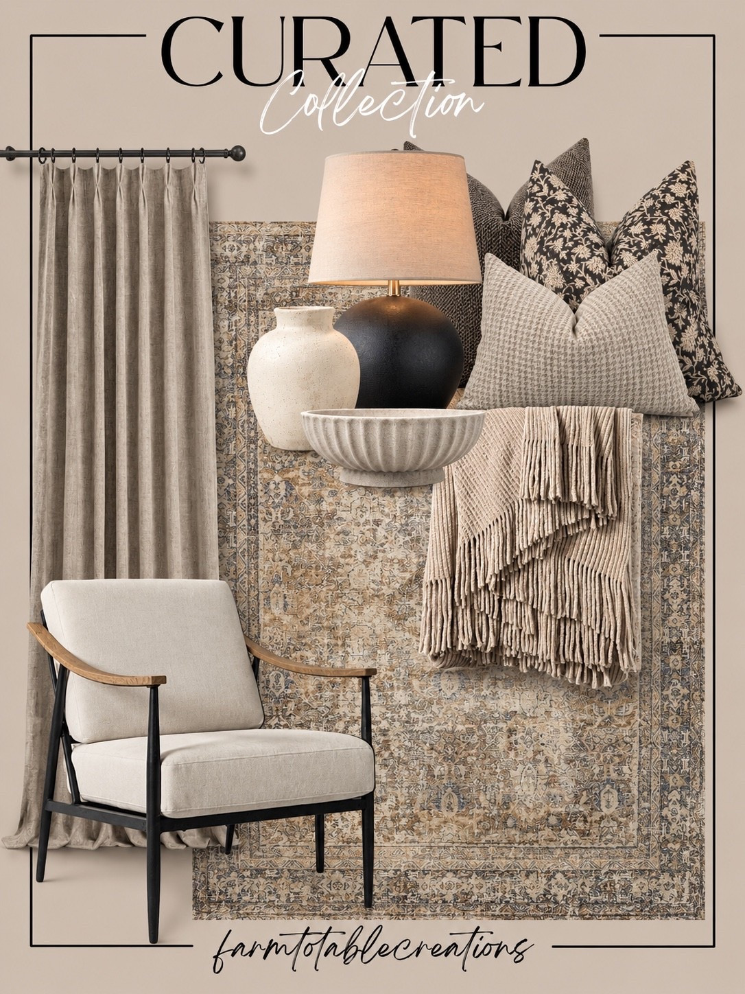 Curated Collection Favorites 🤎
Follow @farmtotablecreations on Instagram for more cozy, neutral home inspiration.

This collection is all about layering timeless textures and warm earthy tones—think cozy knits, soft neutrals, rustic ceramics, and elegant contrast with that black table lamp and armchair frame. Perfect for adding warmth and character to any space this season!

#livingroomrug #pillows #rugs #livingroomfurniture #throwblanket #neutraldecor #vintagerug #homestyling #homedetails #pillowcombo

#LTKSaleAlert #LTKHome