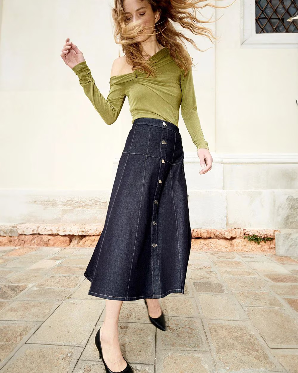 Drop Waist Denim A-Line Midi Skirt | White House Black Market