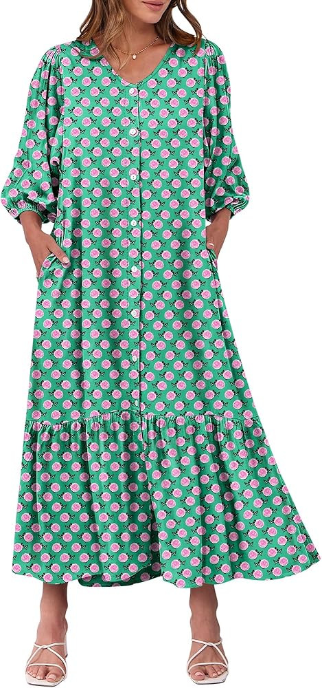 ANRABESS Womens Boho Maxi Dresses Summer Floral V Neck Puff Sleeve Flowy Swing Tiered Long Beach ... | Amazon (US)