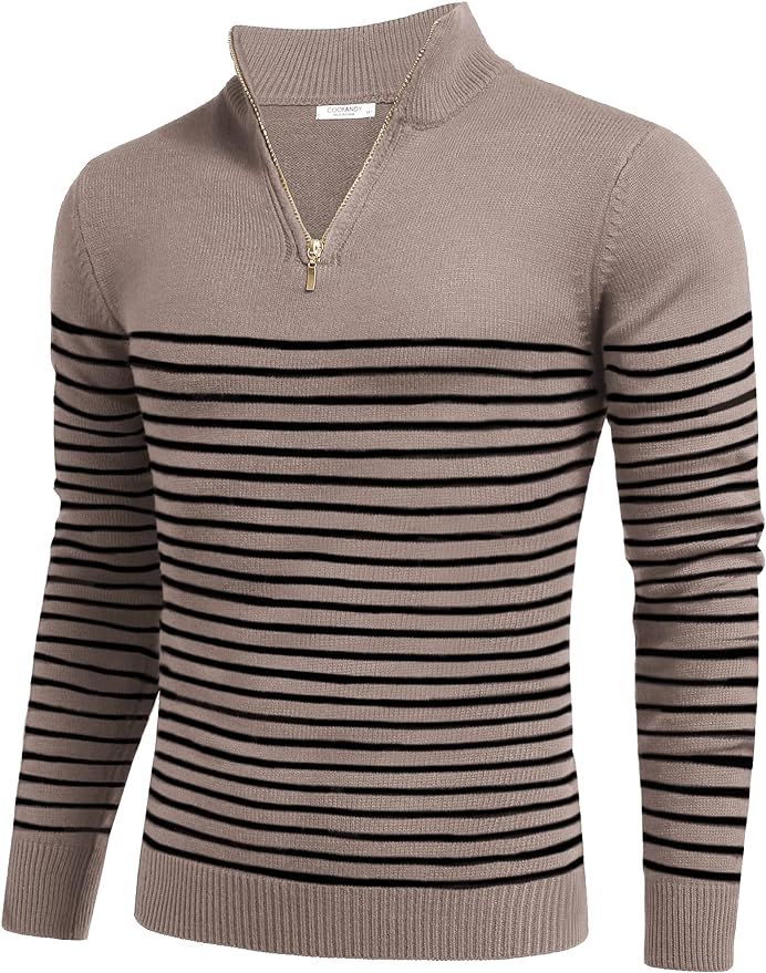 COOFANDY Mens Striped Zip Up Mock Neck Polo Sweater Casual Slim Fit Ribbed Pullover Sweaters | Amazon (US)
