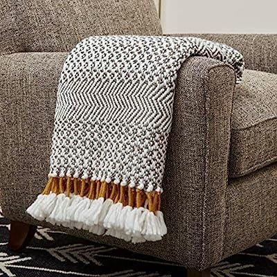 Amazon Brand – Rivet Modern Hand-Woven Stripe Fringe Throw Blanket, 50" x 60", Grey and White w... | Amazon (US)
