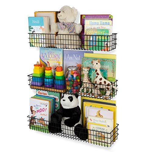 Wall35 Kansas Wall Mounted Black Bookshelf for Kids' Room Decor, Metal Wire Storage Basket Set of 3  | Amazon (US)