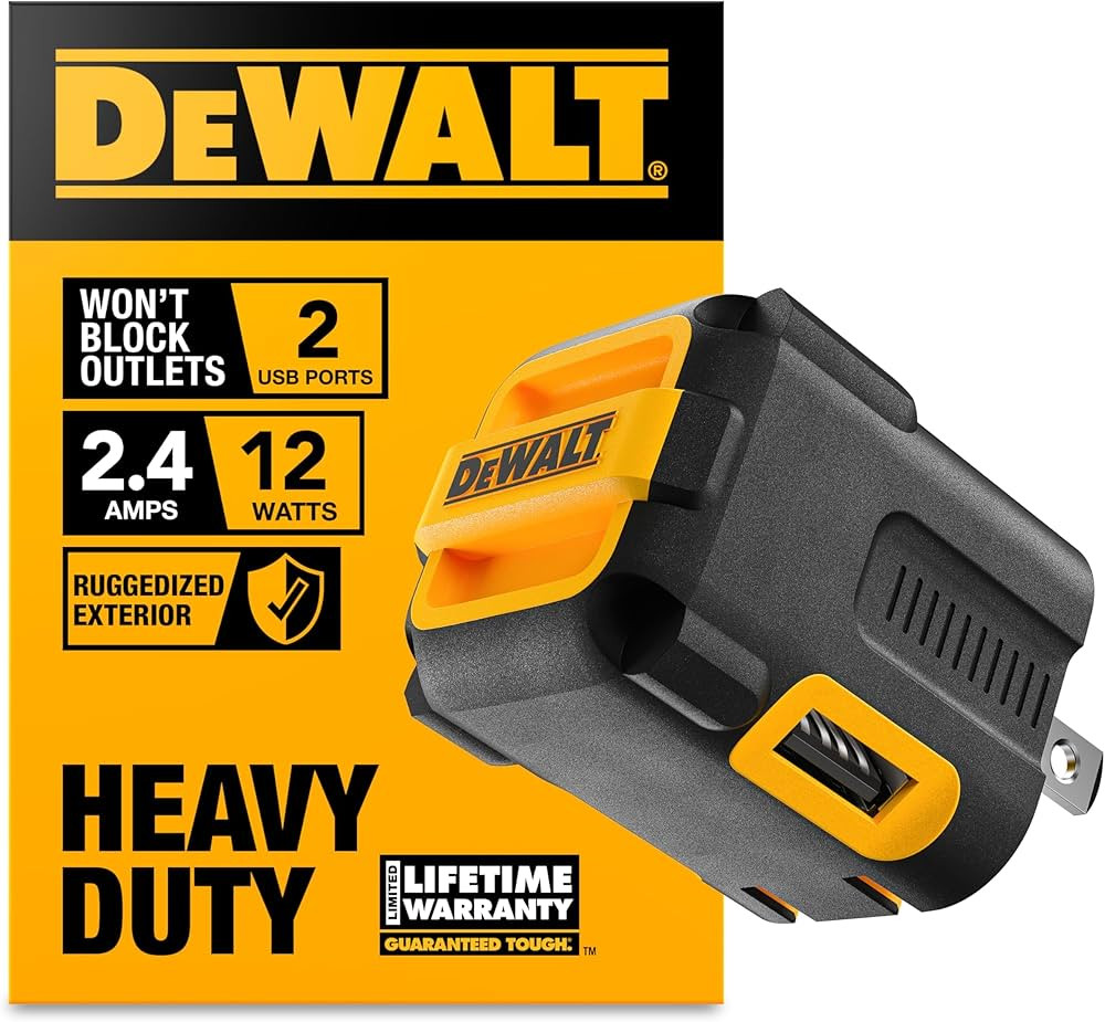 DEWALT Heavy Duty NeverBlock USB Charger, Angled Dual Port 12W Wall Charger Adapter, Foldable Plu... | Amazon (US)