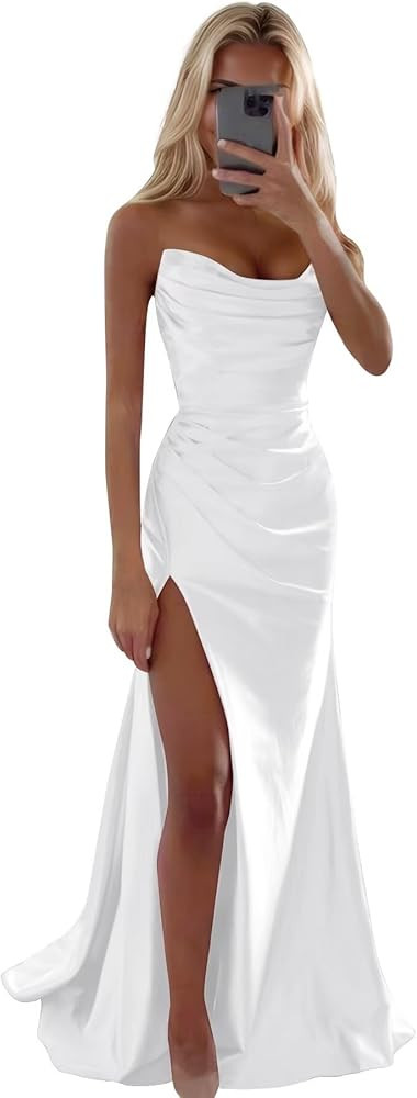 Strapless Satin Prom Dresses with Slit Long Mermaid Formal Bridesmaid Dresses for Women | Amazon (US)