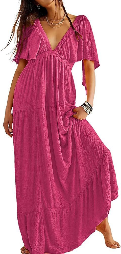 Kikibell Women Summer Dresses Sexy V-Neck Maxi Dress Tiered Silhouette with Flutter Sleeve Backle... | Amazon (CA)