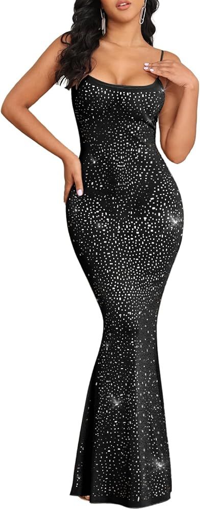 Women's See Through Mesh Shiny Rhinestone Maxi Dress Sleeveless Spaghetti Strap Bodycon Long Dres... | Amazon (US)