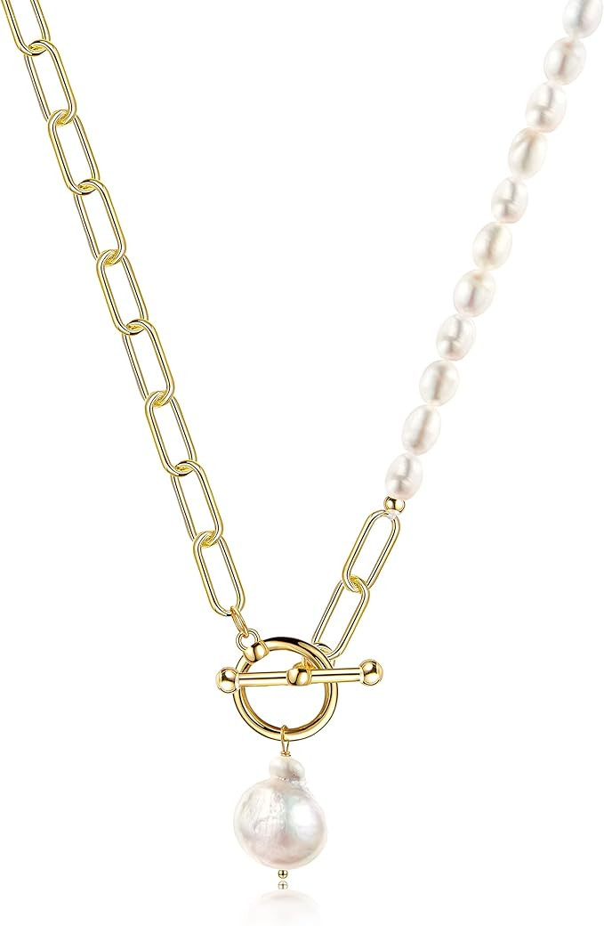 Cowlyn Baroque Pearl Pendant Necklace Paperclip Link Chain Chunky 18K Gold Retro Charm Handmade S... | Amazon (US)