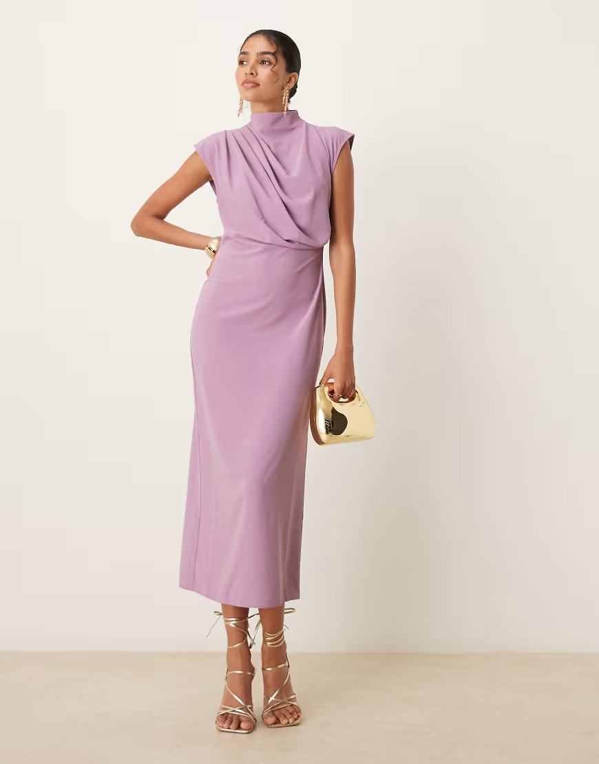 ASOS DESIGN high neck sleeveless midi dress with draped neck in grape-Purple | ASOS (Global)