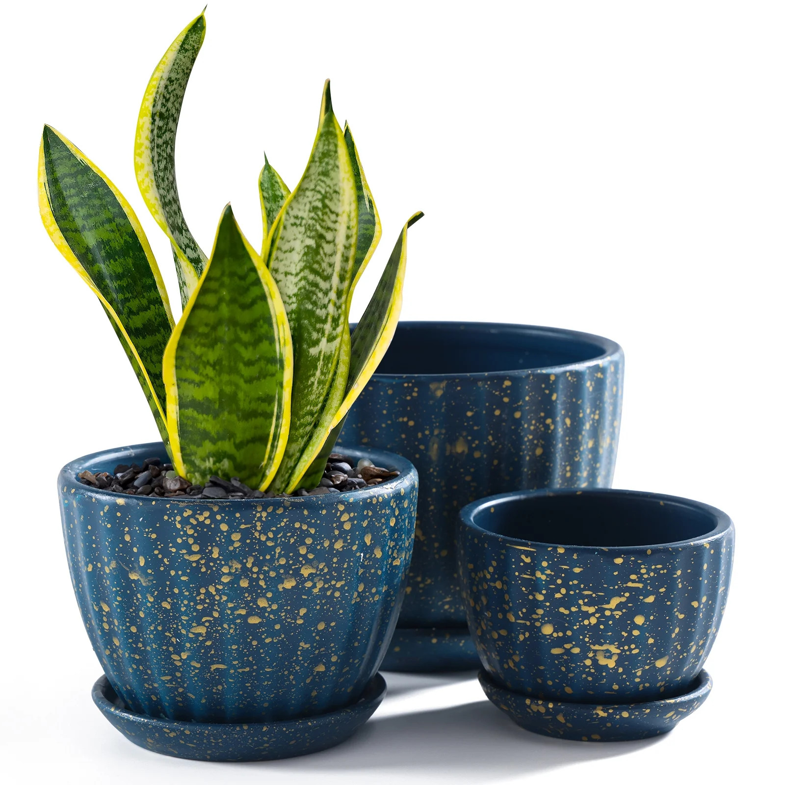 Ceramic Plant Pots with Drainage Holes and Saucers, Round Blue Flower Pots for Indoor Plant, Diam... | Walmart (US)
